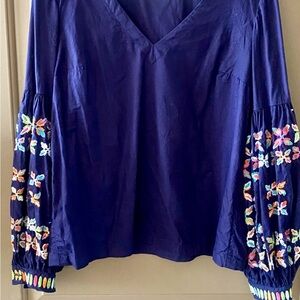 Maeve Navy Blouse with Colorful Embroidered Sleeves